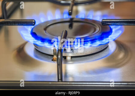 Vista ravvicinata di un fornello da cucina con fiamma blu. Cucina a gas e il concetto di energia Foto Stock