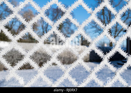 I cristalli di ghiaccio sul campo da tennis scherma Foto Stock