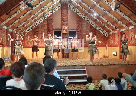 Maori eseguire le loro danze tradizionali per intrattenere i visitatori a Te Puia, Rotorua, Nuova Zelanda Foto Stock