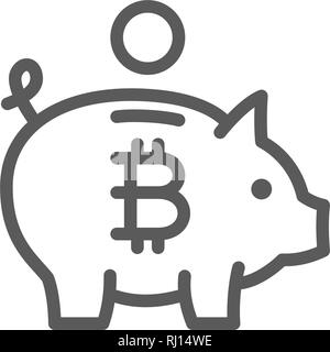 Salvadanaio con bitcoin, cryptocurrency, crypto coin icona linea. Illustrazione Vettoriale