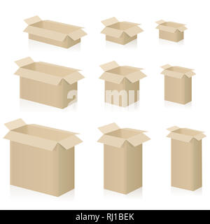 Scatole di cartone di dimensioni diverse casse di imballaggio con coperchio aperto - illustrazione su sfondo bianco. Foto Stock