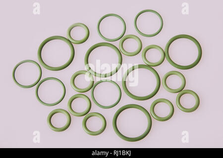 Set di Black idraulica e pneumatica guarnizioni di anello toroidale di  dimensioni diverse in un caso di colore giallo. Gli anelli in gomma.  Guarnizioni di tenuta per giunti idraulici. Guarnizione in gomma