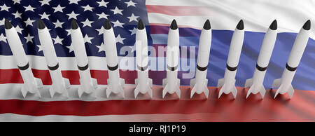 Stati Uniti e Russia armi nucleari. Razzi, missili su America e bandiere russa sfondo, banner. 3d illustrazione Foto Stock