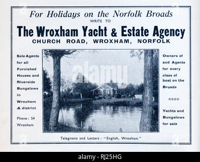 Un 1933 annuncio per il Wroxham Yacht & Agenzia Immobiliare offre vacanze on the Norfolk Broads. Foto Stock