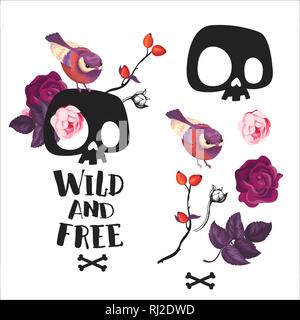 Cranio umano su Flower Blossom Bird stampare poster. Floral T-shirt badge stampa Design romantico. La morte Bouquet astratta T-shirt Modello di segno. Lo scheletro Ar Illustrazione Vettoriale