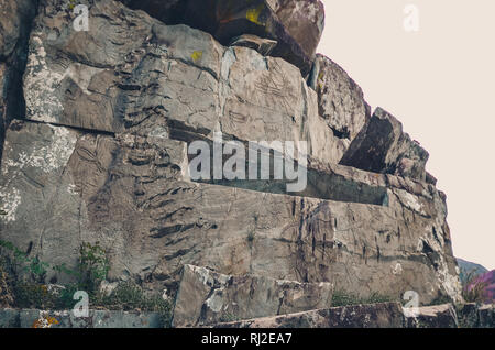 Roccia con disegni del popolo antico. Chui tratto, Altai. Valley Chuya. Complesso Petroglyphic Kalbak-Tash Foto Stock