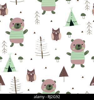 Scandinavian woodland pattern senza soluzione di continuità con il simpatico orso e Owl. Illustrazione Vettoriale. Illustrazione Vettoriale