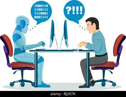 Robot Vs umano. Macchina robotica e uomo che lavora al computer Illustrazione Vettoriale