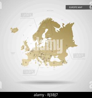 Vettore stilizzata mappa dell'Europa. Una infografica 3d oro illustrazione mappa con le città, le frontiere, il capitale e le divisioni amministrative e il puntatore di marchi, ombra; g Illustrazione Vettoriale