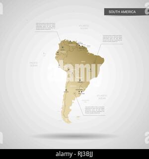 Vettore stilizzati Sud America map. Una infografica 3d oro illustrazione mappa con le città, le frontiere, il capitale e le divisioni amministrative e il puntatore di marchi, sh Illustrazione Vettoriale