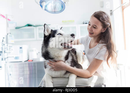 Ragazza sorridente guardando husky sul letto alla clinica Foto Stock