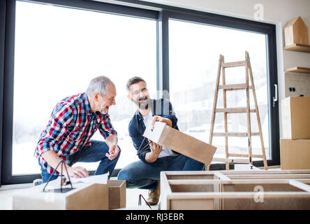 Un uomo maturo con il suo padre senior di assemblaggio di mobili, un nuovo concetto di casa. Foto Stock