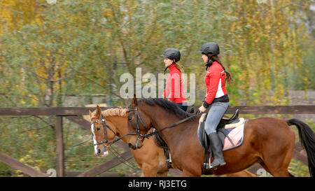 Due belle ragazze a cavallo presso l'azienda. Foto Stock