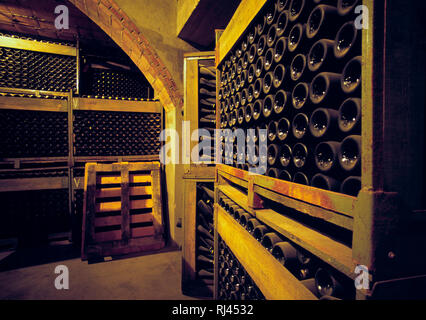 Storage di Cava le bottiglie di vino, spumante Freixenet Grotte, Foto Stock