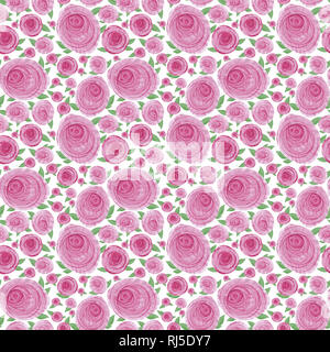 Seamless acquerello sfondo di pennellate di colore rosa a forma di rosa fiori con foglie di colore verde Foto Stock