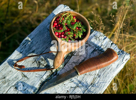 Il coltello e la tazza con frutti di bosco Foto Stock