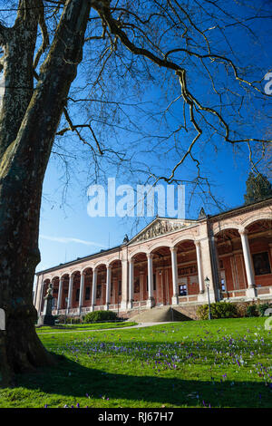 Europa, Deutschland, Baden-Württemberg, Baden-Baden, Krokusblüte (Crocus) vor der Trinkhalle Foto Stock