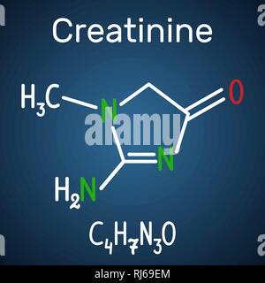 Molecola di creatinina. Formula chimica di struttura e modello di molecola su sfondo blu scuro. Illustrazione Vettoriale Illustrazione Vettoriale