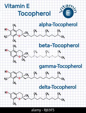 Vitamina E - Tocoferolo (alfa-, beta-, gamma, delta- molecola). Formula chimica di struttura. Foglio di carta in una gabbia. Illustrazione Vettoriale Illustrazione Vettoriale