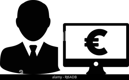 Icona di finanziamento vettore utente maschio profilo persona avatar con il monitor di un computer e in euro e valuta di segno simbolo di denaro per banche e finanza business in appartamento Illustrazione Vettoriale