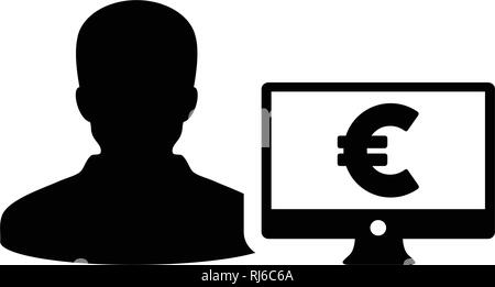 Icona di finanziamento vettore utente maschio profilo persona avatar con il monitor di un computer e in euro e valuta di segno simbolo di denaro per banche e finanza business in appartamento Illustrazione Vettoriale