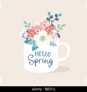 Pasqua biglietto di auguri, invito. Ciao manoscritta testo a molla. Disegnata a mano tazza. Tazza di tè o caffè. Tazza in porcellana decorata con fiori e foglie Illustrazione Vettoriale