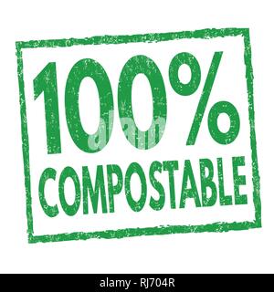 100 % compostabile segno o timbro su sfondo bianco, illustrazione vettoriale Illustrazione Vettoriale