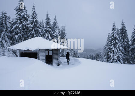 Wanderer vor Magdeburger Hütte, Harz, Torfhaus, Deutschland Foto Stock