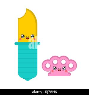 Kawaii coltello e brass knuckles. Cartoon carino il fuso a snodo-duster. il fuso a snodo divertente dolce illustrazione vettoriale Illustrazione Vettoriale