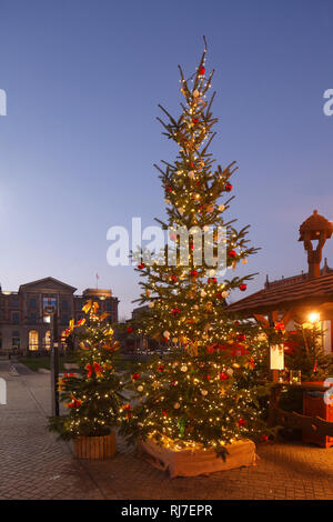 Weihnachtsbaum Geschmückter mit Überseemuseum bei Abenddämmerung, Brema, Deutschland, Europa Foto Stock