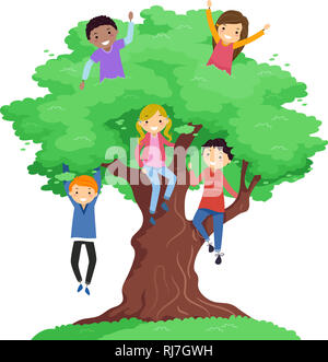 Illustrazione di Stickman le ragazze e ragazzi appendere fuori su una struttura ad albero Foto Stock