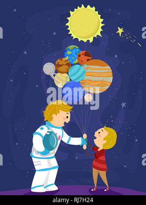 Illustrazione di un Stickman Padre astronauta dando il suo Figlio palloncini fabbricati da i pianeti e il sole Foto Stock