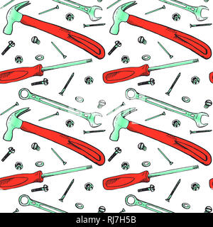 Martello rosso, cacciavite, chiave con il bullone, il dado e la rondella, il chiodo e la vite, seamless pattern design, disegnati a mano doodle, schizzo in pop art style Foto Stock