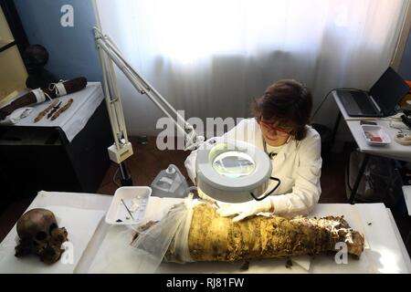 Restauro 'live' di una piccola mummia egiziana, con visitatori che assistono alle operazioni. Presso i Musei Civici di Modena, a partire da questa mattina i lavori di restauro da Cinzia Oliva, uno dei principali esperti italiani del settore. Le operazioni sulla mummia di un tre-anno-vecchio ragazzo vissuto tra il I e il II secolo D.C. (ROBERTO BRANCOLINI, Modena - 2019-02-05) p.s. la foto e' utilizzabile nel rispetto del contesto in cui e' stata scattata, e senza intento diffamatorio del decoro delle persone rappresentate Foto Stock