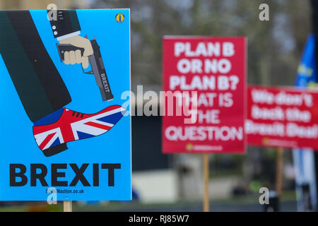 Londra, Regno Unito. 5 febbraio, 2019. Anti-Brexit cartelloni sono visto durante la dimostrazione al di fuori della sede del Parlamento circa il Regno Unito lasciando l'Unione europea il 29 marzo 2019. Credito: Dinendra Haria/SOPA Immagini/ZUMA filo/Alamy Live News Foto Stock