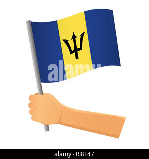 Bandiera di Barbados in mano. Sfondo patriottico. Bandiera nazionale di Barbados illustrazione Foto Stock