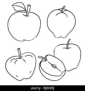 Set di mele isolati su sfondo bianco, inchiostro disegnata a mano in stile, per libro da colorare, istruzione e concetti alimentari. Illustrazione Vettoriale Illustrazione Vettoriale