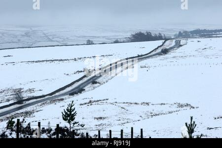 La caduta di neve nel North Pennines vicino Blanchland, mercoledì 22 marzo 2017. Foto Stock