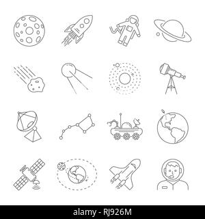 Astronomia e spazio di raccolta dei simboli. Linea sottile icone del tema dello spazio. Contiene le icone come Luna e Saturno, Terra, satellite, telescopio solare, Illustrazione Vettoriale