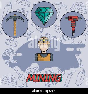 Mining design concept impostato con la professione di minatore produzione olio pietre preziose icone piatto isolato illustrazione vettoriale Illustrazione Vettoriale