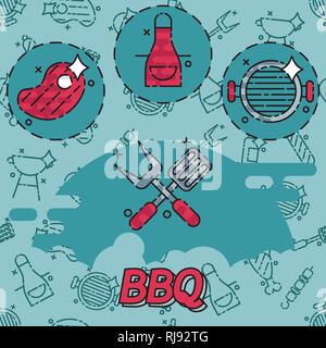 Barbecue e grill icon set, sottile lo stile di linea design piatto Illustrazione Vettoriale