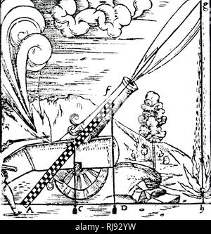 Un woodblock incisione raffigurante un tiratore sparando un cannone la cui elevazione è stato calcolato utilizzando una regola a scacchi montato con due prugna-bobs. Il percorso di un proiettile è rappresentato secondo la fisica aristotelica. Poiché egli credeva che nessuno potesse compiere più di un movimento a tempo, il percorso doveva consistere di due distinti movimenti in linea retta. Datata xvi secolo Foto Stock