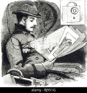 Una incisione raffigurante un portatile di luce di lettura per le reti ferroviarie e gli altri viaggiatori. Una lampadina a incandescenza è stata collocata nella parte anteriore di un altamente lucidato riflettore parabolico alimentato da quattro celle di accumulatori contenuta in una scatola di legno. Questo dispositivo ha dato la luce per 10 ore, e le dimensioni della casella, che pesava 6lb, è stata di 6 x 5 x 4 pollici. Datata del XIX secolo Foto Stock