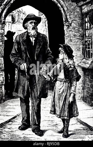 Una incisione raffigurante un bambino che portano un uomo cieco attraverso le strade. Datata del XIX secolo Foto Stock