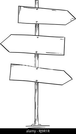 Disegno del vuoto vecchia strada di legno tre freccia direzionale segno Illustrazione Vettoriale