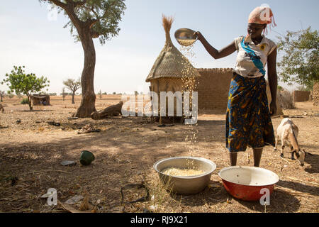 Yarsi Village, Yako, 1st dicembre 2016; Kowinga Hawa, 22 cereali da foraggio, è stata una stagione povera e le sue colture familiari di mais, sorgo e miglio sono insufficienti per l'anno. Suo marito andrà a lavorare nelle miniere d'oro locali per guadagnare exta contanti. Foto Stock