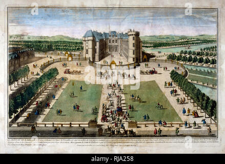 Il XVIII secolo incisa illustrazione del Chateau de Rambouillet, nella città di Rambouillet, nel nord della Francia, era originariamente una masseria fortificata risalente al 1368. Nel 1783, il castello divenne proprietà privata del re Louis XVI. Durante la rivoluzione francese, il dominio di Rambouillet è diventato bien nazionale, il castello di essere svuotato del suo arredamento e i giardini e il parco circostante e cadere in abbandono. Foto Stock