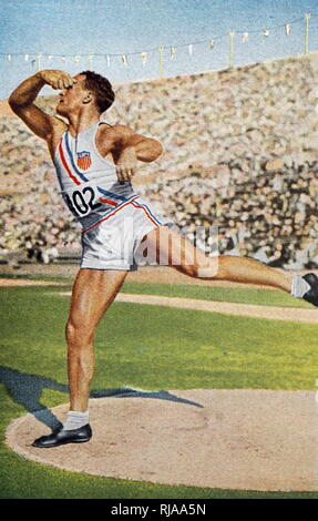 Fotografia di John Franklin Anderson (1907 - 1948) competere nel lancio del disco durante il 1932 giochi olimpici. Foto Stock