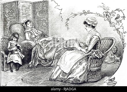 Una incisione raffigurante un nursemaid con le sue accuse a loro madre's spogliatoio. Le infermiere e il figlio sono in sedie di vimini. Viene visualizzata una schermata dietro la testa del divano letto. Datata del XIX secolo Foto Stock