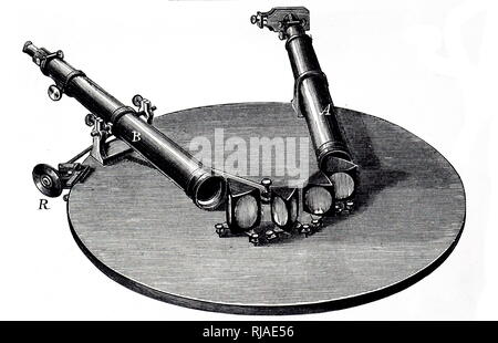 Xix secolo illustrazione che mostra uno spettroscopio utilizzati da Gustav Robert Kirchhoff (1824 - 1887); fisico tedesco che hanno contribuito alla comprensione fondamentale dei circuiti elettrici, spettroscopia, e l'emissione di corpo nero radiazione mediante oggetti riscaldati. Foto Stock